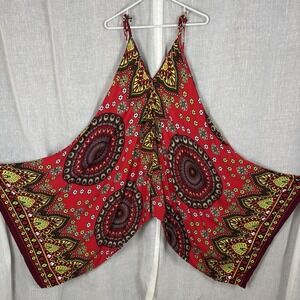 Vintage Bohemian Folk Print Harem Jumper Pants Overalls Red Boho Festival Small